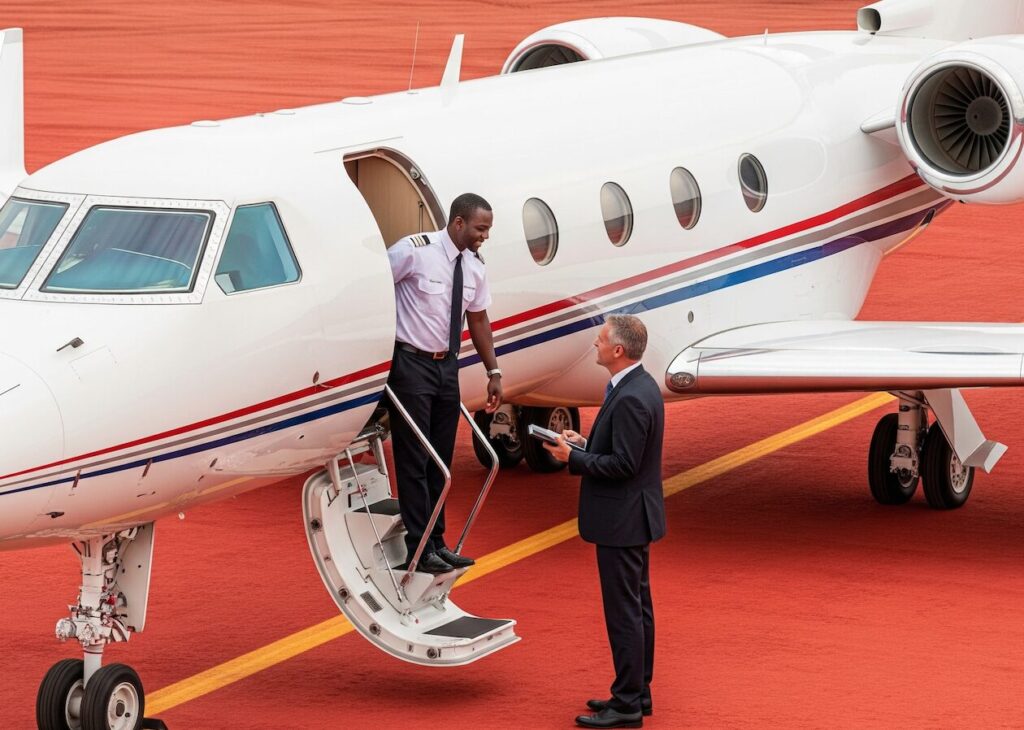 photo réaliste d’un petit Gulfstream posé sur une piste rouge au près d’un site minier en afrique de l'ouest, pilote saluant un PDG de mine