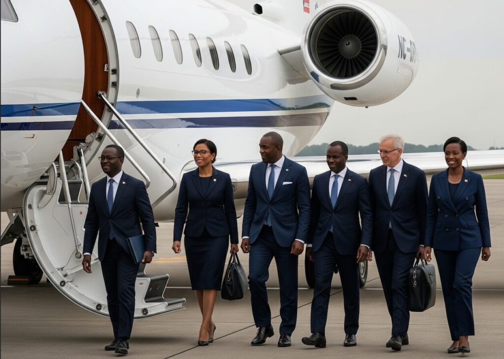 délégation officielle montant à bord d'un jet loué en cote d'ivoire