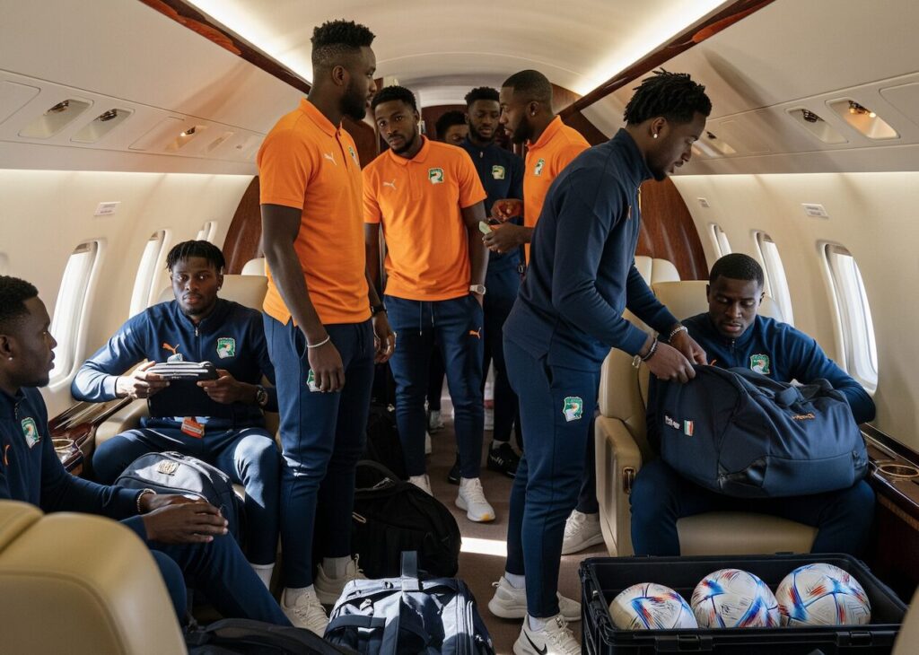 équipe de football de la cote d'ivoire montant dans un jet privé décoré aux couleurs de la nation